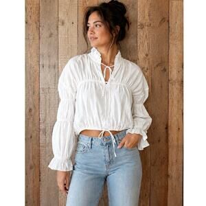 Thread Story White Cotton Peasant Tie Front Puff Sleeve Crop Blouse Size Large